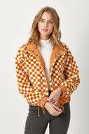 MYSTREE - Checkered Faux Fur Jacket - Pumpkin