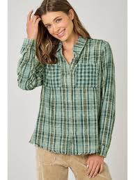 MYSTREE - Fringe Bottom Detail Washed Plaid Shirt