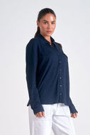 ELAN - Long Sleeve Button-Down Top in Navy