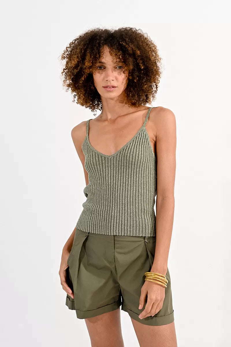 MOLLY BRACKEN - Ribbed Mesh Tank Top Khaki