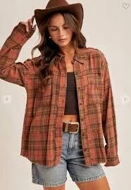 MYSTREE- Washed Plaid Button Down Shirt