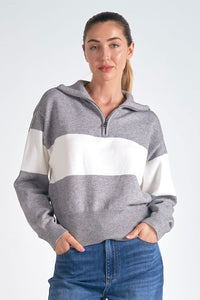 ELAN - Crewneck Sweater in Grey + White Stripe