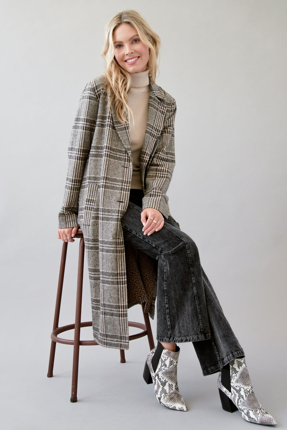 Side Slit Long Checker Coat