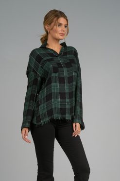 Elan Jacket Frayed Bottom Green Black Plaid